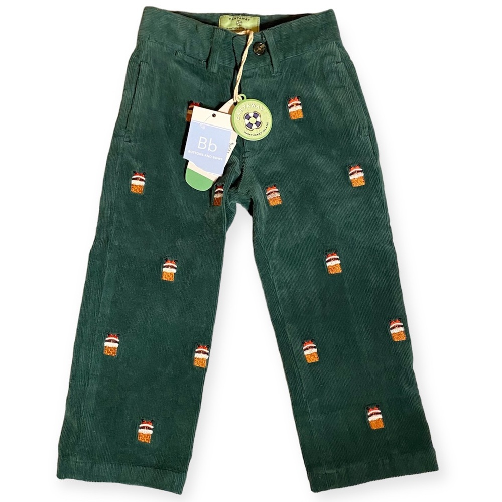NWT Castaway Santa Stuck Chimney Embroidered Corduroy Green Hunter Christmas New